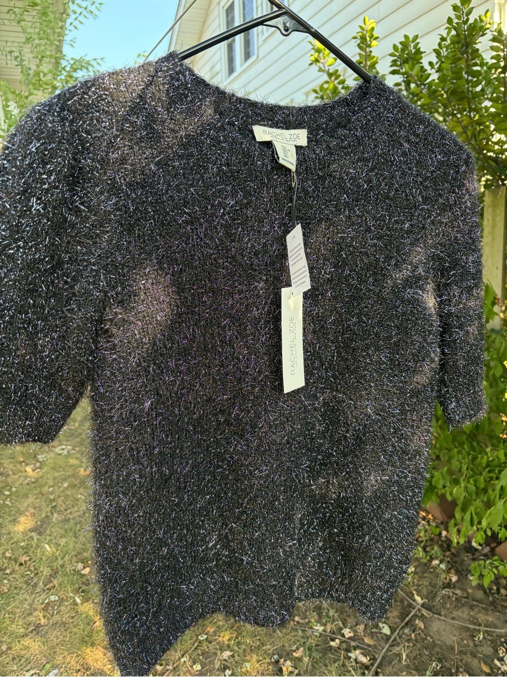 Rachel Zoe Blue Metallic Thread Short Sleeve Crew Sweater